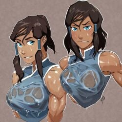 1girls ai_generated avatar_legends blue_eyes female korra looking_at_viewer muscular muscular_female nickelodeon nicktoons see-through see-through_clothing the_avatar the_legend_of_korra water_tribe wet_clothes