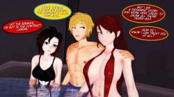 1boy 2girls annoyed annoyed_expression arrancon black_hair black_hair_female blonde_hair blue_eyes green_eyes half-dressed half_naked half_naked_female hot_spring jaune_arc long_hair long_hair_female one-piece_swimsuit pyrrha_nikos red_hair red_hair_female ruby_rose rwby silver_eyes string_bikini talking