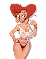 1girls areola bracelet breasts busty canine cleavage clothing disney female goof_troop hoop_earrings mammal milf nipples panties peg_pete red_hair redhead shirt squidapple underwear voluptuous wet_shirt