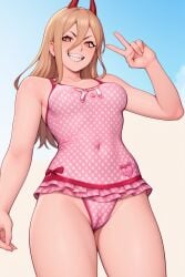 ai_generated cameltoe chainsaw_man evil_grin power_(chainsaw_man) sharp_teeth smile swimsuit