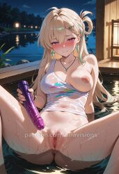 ai_generated ariavisions blonde_hair blush braided_hair breast_out earrings hair_ornament holding_dildo long_hair lynae_(wuthering_waves) nude purple_eyes pussy spread_legs tanktop wuthering_waves