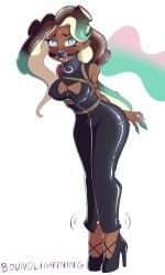 2d 2d_(artwork) arms_behind_back ball_gag blush bondage bondage bound boundlightning dark-skinned_female dark_skin female female_focus female_only gag heels hobble_dress latex looking_at_viewer nintendo solo solo_female solo_focus splatoon splatoon_(series) splatoon_2