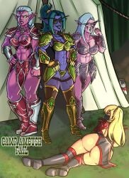 abs alliance_(warcraft) alliance_dominance altop ass athletic athletic_female athletic_futanari bikini_armor blonde_hair blood_elf blue_hair camping_tent catias cleavage comic_cover defeated defeated_villainess erisandra_(oc) fit fit_female fit_futanari forest horde kimiria_(oc) laying_on_side mask muscular muscular_female muscular_futanari night night_elf night_elf_female patreon patreon_exclusive pink_body pink_skin tent warcraft white_hair world_of_warcraft