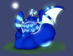 2014 animal_genitalia animate_inanimate anthro anthrofied arms_above_head balls bat belly belly_tuft big_balls big_belly big_thighs biped blue_background blue_fur blue_mane blush chest_tuft cyan_markings digitigrade embarrassed featureless_feet featureless_legs featureless_limbs flaccid front_view full-length_portrait fully_sheathed fur glowing glowing_eyes glowing_markings glowing_wings huge_balls hyper hyper_balls hyper_sheath hyper_thighs looking_away looking_back male mammal mane markings membranous_wings moobs moon morbidly_obese multicolored_fur navel neck_tuft nervous nude obese overweight penis piñata portrait rakashama sheath sherbat shy simple_background socks_(marking) solo standing stripes surprise tuft video_games viva_pinata what white_fur white_stripes white_wings wide_eyed wings yellow_eyes