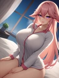 ai_generated bare_legs bed bedroom bedroom_background belly belly_button big_ass big_breasts big_butt blue_sky blush breasts_bigger_than_head bursting_breasts cloud clouds collarbone covered_breasts dark_sky dress female female_focus female_only fox_ears fox_girl genshin_impact hair_between_eyes hand_on_thigh hands_on_thighs inviting light-skinned_female light_skin long_hair loving loving_gaze loving_look makeup motherly night night_sky outdoors outstretched_arms pajama_shirt pajamas pink_eyes pink_hair plant purple_eyes see-through sitting sitting_on_bed sky sleepwear slim_waist star stars sweat thick_legs thick_thighs wide_hips window yae_miko