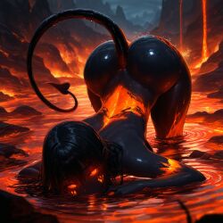 1girl ai_generated ass_up bellegar big_butt black_body black_hair breasts curvy female glowing_eyes lava looking_at_viewer monster_girl stable_diffusion succubus thick_thighs volcano