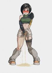 1girls black_hair blue_cherio blush brown_eyes embarrassed final_fantasy_vii holding_crotch peeing peeing_self puddle standing urine wavy_mouth wet_clothes wet_shorts wetting wetting_self yuffie_kisaragi