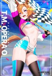 cleavage female female_only fingerless_gloves flag fully_clothed gloves microskirt miniskirt outdoors png purple_eyes race_queen revealing_clothes see-through_clothing skimpy_clothes skindentation skirt stockings translucent_clothing transparent_clothing ugohato waving_flag