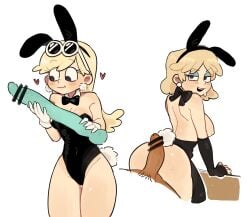 2girls bending_over blonde_hair breasts_out bunny_ears bunny_tail bunnysuit dildo disembodied_penis eden_(artist) gloves leni_loud lori_loud no_penetration partial_male penis penis_on_butt sex_toy the_loud_house