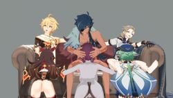 3boys 3d 3girls aether_(genshin_impact) albedo_(genshin_impact) amber_(genshin_impact) blender blowjob dark-skinned_male dark_skin fellatio genshin_impact grey-skinned_female grey_skin kaeya_(genshin_impact) light-skinned_female light-skinned_male light_skin meme multiple_boys multiple_girls open_mouth oral rosaria_(genshin_impact) sucrose_(genshin_impact) vookak who's_getting_the_best_head?_(meme)