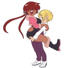 big_ass big_breasts blonde_hair blue_eyes boots covered_eyes face_on_breast female grabbing_ass king_(snk) king_of_fighters lifted lifting lifting_person long_hair purple_pants red_hair shermie_(kof) short_hair standing yuri