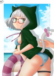 1girl 1girls ass beach bikini blush breasts female glasses green_hoodie hair_ornament hood_up hoodie kaschmatz looking_at_viewer original original_character short_hair sideboob small_breasts tagme tail tail_grab white_hair