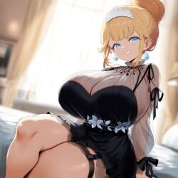 ai_generated ameanon black_dress blonde_hair blue_eyes breasts breasts_bigger_than_head cleavage crossed_legs earrings gigantic_breasts hair_bun hololive hololive_english hololive_myth huge_breasts large_breasts mommy on_bed see-through_clothing sitting tagme thick_thighs thigh_strap tiara virtual_youtuber vtuber watson_amelia