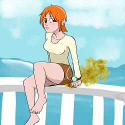 anime blush boat embarrassed fart fart_cloud fart_fetish farting female female_only leaning nami nami_(classic) nami_(one_piece) ocean one_piece orange_hair shonen_jump vidaliasmells