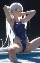 ai_generated armpits arms_behind_head arms_up bangs blue_eyes blue_one-piece_swimsuit blue_swimsuit breasts cameltoe closed_mouth clothing competition_swimsuit covered_navel female high_resolution highleg highleg_swimsuit lips long_hair looking_at_viewer marimull navel one-piece_swimsuit original partially_submerged pool poolside sitting small_breasts soaking_feet solo spread_legs swimsuit tank_suit thighs very_long_hair water wet white_hair