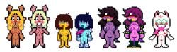 4girls accurate_art_style blush blushing_at_viewer deltarune embarrassed embarrassed_nude_female female_focus female_only genderswap_(mtf) kris_(deltarune) kris_female_(deltarune) noelle_holiday nude nude_edit nude_female on_model partially_clothed ralsei ralsei_(female) ralsei_with_white_fur rule_63 sprite_art sprite_edit susie_(deltarune) transparent_background