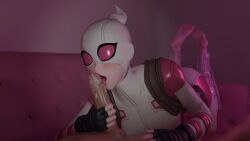 1girl1boy blowjob cum cum_on_penis feet feet_together feet_up female female_on_top fortnite fortnite:_battle_royale gwen_poole gwenpool handjob licking licking_cum licking_penis male/female marvel marvel_comics mask masked masked_female moxx3d the_pose tight_clothing