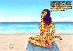 anthro ass avian beach big_butt bird breasts claws deepslumber feet felid female finger_claws fur genitals hair hand_on_butt hi_res imminent_sex kneeling looking_at_viewer looking_back mammal purple_hair pussy side_boob solo solo_focus striped_body striped_fur stripes tail text toe_claws wave