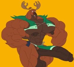 2024 abs alven_(arzette) anthro arzette:_the_jewel_of_faramore balls big_balls big_penis boner clothing deer erection genitals huge_cock ineffective_clothing looking_at_viewer male male_only mammal moose muscular muscular_anthro muscular_male navel new_world_deer nipples pecs penis remert solo solo_male