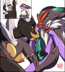 anthro breasts duo female flaire hi_res houndoom jolly-jak kelpy_(character) licking male mega_evolution mega_houndoom nintendo noivern oral penis pokemon pokemon_(species) red_eyes shy simple_background straight tongue tongue_out video_games white_background