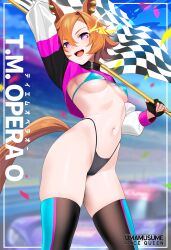 cleavage female female_only fingerless_gloves flag fully_clothed gloves outdoors png purple_eyes race_queen revealing_clothes skimpy_clothes skindentation skirt stockings ugohato waving_flag