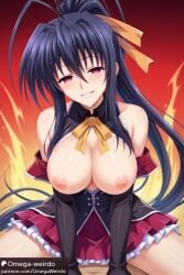 1girl1boy ai_generated akeno_himejima big_breasts black_hair cheating corruption dress empty_eyes evil_smile female high_school_dxd no_pupils omega-weirdo patreon ponytail red_eyes ribbon sex skirt straddling