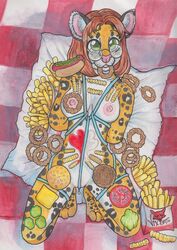 2015 3_toes :3 anthro athletic bedding big_breasts bird's-eye_view black_fur black_spots blanket bound breasts brown_hair burger checkered_background cheese chival colored_pencil_(artwork) countershade_face countershade_torso countershading crotch_rope eyewear fast_food feline female food food_in_mouth food_play fries front_view fruit full-length_portrait fur glasses green_eyes hair hands_behind_back heart high-angle_view hot_dog inner_ear_fluff junk_food ketchup lettuce looking_at_viewer looking_up lying mammal mayonnaise meat mixed_media multicolored_fur nipples nude nyotaimori ocelot onion_rings_(food) open_mouth orange_fur pastel_(artwork) pattern_background paws pickle_(food) pink_nipples pink_nose portrait raised_eyebrows relish_(food) rope rope_bondage rope_harness short_hair simple_background smile solo spots spotted_fur toes tomato traditional_media_(artwork) white_countershading white_fur wrapper