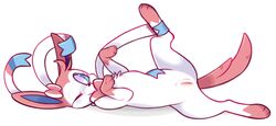 digitigrade eeveelution female feral happy kakaodieb looking_at_viewer lying nintendo on_back one_eye_closed pokemon presenting pussy raised_leg smile solo sylveon video_games wink