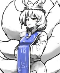 1girls big_breasts bottomless female female_only female_pubic_hair gnhume light-skinned_female light_skin looking_at_viewer ran_yakumo sweat sweatdrop tongue tongue_out touhou