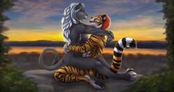 after_kiss anthro bodily_fluids duo felid female hair hi_res kneeling lion male male/female mammal moldofficial open_mouth open_smile pantherine saliva saliva_string side_view sitting_on_another smile tail tail_tuft tiger tongue tongue_out tuft