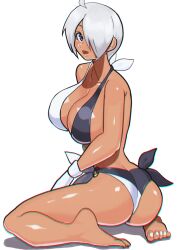 1girls akisu_k angel_(kof) ass big_breasts bikini blue_eyes butt_crack fat_breasts feet female king_of_fighters looking_back painted_nails short_hair sitting sitting_on_feet sitting_on_floor white_hair