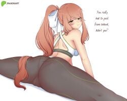 ass behind_view big_ass black_leggings brown_hair doki_doki_literature_club emerald_eyes green_eyes highres leggings long long_hair looking_at_viewer looking_back monika_(doki_doki_literature_club) panties_visible_through_clothing pantylines ponytail raionart seductive seductive_look smirk smirking smirking_at_viewer splits splits_position text viewed_from_behind