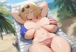 ai_generated ameanon american_flag_bikini beach bikini blonde_hair breasts breasts_bigger_than_head cleavage closed_eyes gigantic_breasts hololive hololive_english hololive_myth huge_breasts large_breasts lounge_chair mole_on_breast mommy on_back print_bikini sleeping sunglasses sunglasses_on_head tagme thick_thighs underboob virtual_youtuber vtuber watson_amelia