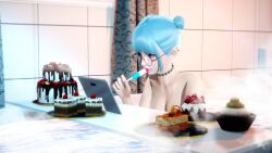 3d ahwlly ahwlly_(artist) bathroom bathtub blue_hair glasses hair_bun mole mole_under_eye naked pink_eyes popsicle self_insert self_upload