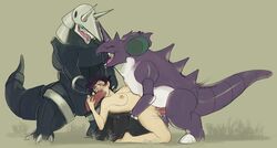 2017 aggron breasts fellatio female group group_sex human interspecies lacrimale male mammal nidoking nintendo nipples nude oral outside penetration penis pokemon pokemon_(species) pokephilia pussy sex simple_background size_difference threesome vaginal_penetration video_games