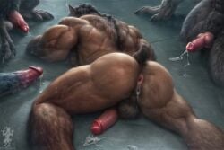 ai_assisted ai_generated anus back_muscles backsack balls bara barazoku biceps butt canine_penis cum cum_on_ground defeated_hero dripping_cum hair_growth hairy hairy_balls humanoid_penis knot knotted_humanoid_penis male male_only muscle muscular muscular_anthro muscular_male muscular_thighs on_front on_ground on_stomach penis penis_backwards post_sex precum satyrman transformation transformation_through_sex triceps veiny_penis werecanid werecanine werewolf