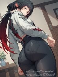 ai_generated aqua_eyes big_ass big_butt black black_hair caramellaai female indoors jacket jane_doe_(zenless_zone_zero) jeans long_hair low-angle_view medium_breasts mouse_ears red_hair room solo tight_pants zenless_zone_zero