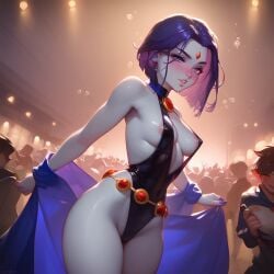 ai_generated dancing drunk forehead_jewel leotard nipple_slip purple_hair rachel_roth raven_(dc)