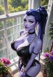 1girls ai_generated amelie_lacroix big_breasts brest long_hair overwatch overwatch_2 oxtonai purple_hair purple_skin widowmaker