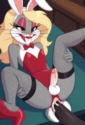 ai_generated anal blonde_hair bugs_bunny cum cum_while_penetrated dark-skinned_male erection fellatio femboy fishnet_stockings frog12345 furry_femboy high_heels lipstick looney_tunes playboy_bunny rabbit_boy red_heels red_leotard warner_brothers