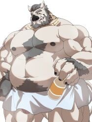 1boy absurdres animal_ears bara bare_pectorals beard biceps black_nails boar body_markings bottle chest_hair facial_hair fat fat_man furry furry_male grey_eyebrows grey_eyes grey_hair hand_hair highres holding holding_bottle large_pectorals male male_only milk milk_bottle multi_tusk muscular muscular_male negitsururu nipples open_mouth pectorals penis pig_ears pig_snout pubic_hair short_hair smirk snout solo tail thick_eyebrows thick_thighs thighs tokyo_afterschool_summoners towel tusks veins white_fur y'golonac_(housamo)