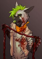 anthro blood clothed clothing gore guts hyena ikazu intesties invalid_tag looking_at_viewer mammal punk smile smirk topless