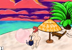 anthero ass beach big_ass big_breasts big_butt bubble comic_page naked naked_female no_bra no_panties nude nude_female ocean red_hair sand sole_female tagme umbrella