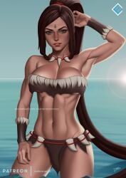 1female 1girl 1girls 1woman abs brown_hair brown_hair_female deviantart endlesscomics evandromenezes female female_abs female_focus forehead_gem forehead_jewel gem_on_forehead green_eyes green_eyes_female hi_res high_res high_resolution highres in_water jewel_on_forehead league_of_legends long_hair long_hair_female looking_at_viewer muscles muscular muscular_arms muscular_female nidalee patreon ponytail ponytail_female posing posing_for_the_viewer riot_games skimpy skimpy_clothes skimpy_costume skimpy_panties skimpy_underwear solo solo_focus tooth_necklace water