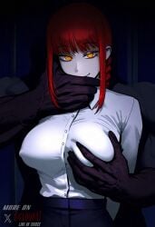 ai_generated breast_grab breast_squeeze breasts chainsaw_man clothed clothing covered_nipples covering_mouth dark-skinned_male dark_background dark_skin female gloopai glowing_eyes groping groping_breasts groping_from_behind hand_over_mouth huge_breasts imminent_sex interracial light_smile looking_at_viewer makima_(chainsaw_man) male male/female molestation muscular muscular_male nai_diffusion naughty_face navel navel_visible_through_clothes netorare night nipple_bulge nipples nipples_visible_through_clothing novelai office_lady rape red_hair smile twitter twitter_username veiny veiny_arms veiny_muscles yellow_eyes