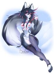 anthro berruchan breasts canine canine clothing female hi_res husky legwear looking_at_viewer mammal markings nipple_piercing nipples nude piercing pussy skyler_webb socks solo stockings tongue tongue_out tongue_piercing waving