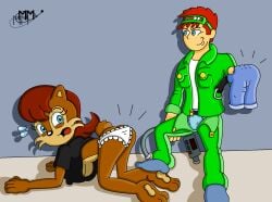 belt black_shirt blue_eyes brown_fur bulge_through_clothing erection_pushing_underwear green_clothing laying_on_back light_blue_underwear male_underwear mmprod2011 oc panties pants_removed red_hair sally_acorn sonic_(series) sonic_the_hedgehog_(archie) sonic_the_hedgehog_(comics) surprised underwear unzipped_pants white_shirt white_underwear