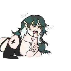 black_hair blowjob blowjob_pov cross elf_ears licking_penis open_mouth penis religious_symbols white_hair