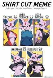 5girls ai_generated ai_text anthro boob_window eeveelution espeon inner_sideboob nai_diffusion nintendo novelai pasties pokemon pokemon_(species) self_upload shirt_cut_meme sideboob underboob weedvee420 x_pasties