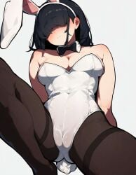 1girls ai_generated black_hair blush bottom_view bowtie breasts bunny_costume bunny_ears bunny_ears_(cosmetic) bunny_ears_headband bunny_girl bunny_lady_(soul_knight) bunny_tail bunnygirl bunnysuit cameltoe cleavage clothed female fully_clothed hair_covering_eyes hair_over_eyes headband medium_breasts necromancer_(soul_knight) pantyhose plain_background short_hair solo solo_female solo_focus soul_knight